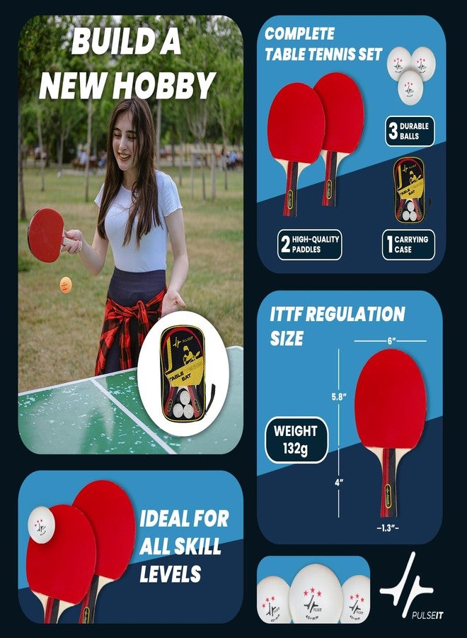 PulseITDriveKit Table Tennis Kit. 2 Premium TT Bats + 3 Ping Pong Balls + Case. Indoor & Outdoor Play. Ergonomic Grip Handles, Spin, Speed & Control Racket Set. Beginners, Kids & Professionals(B&R&W) - Image 2