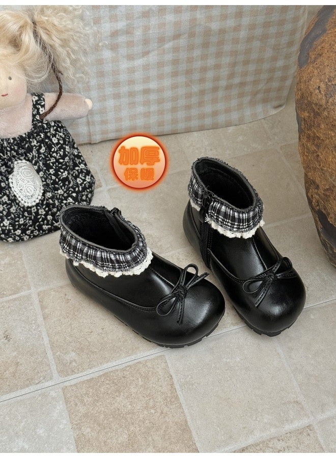 Xshx Lace | Girls' Short Boots For Autumn And Winter With Fleece Lining, Vintage Chelsea Style Leather Boots, Ballet Style Rubber Sole