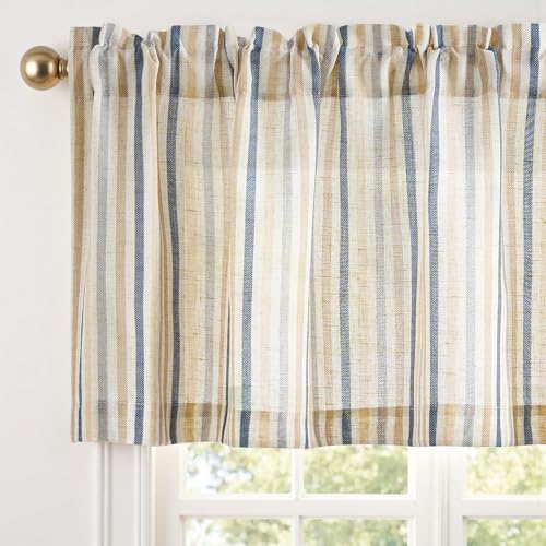 jinchan Valance Curtain Linen Textured Striped Window Curtain for Living Room Light Filtering Farmhouse Valance for Kitchen Rod Pocket 1 Panel 16 Inch Multi Blue on Linen 1 Panel - Image 1