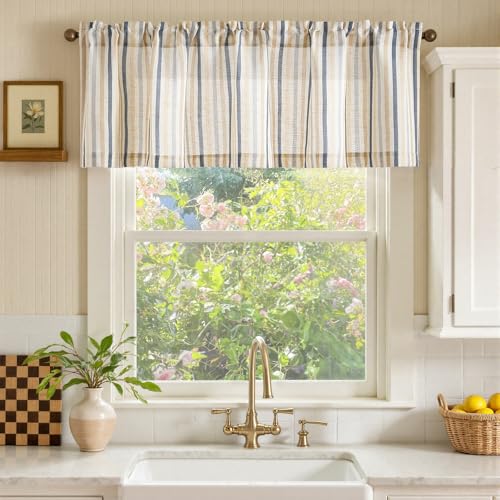 jinchan Valance Curtain Linen Textured Striped Window Curtain for Living Room Light Filtering Farmhouse Valance for Kitchen Rod Pocket 1 Panel 16 Inch Multi Blue on Linen 1 Panel - Image 3