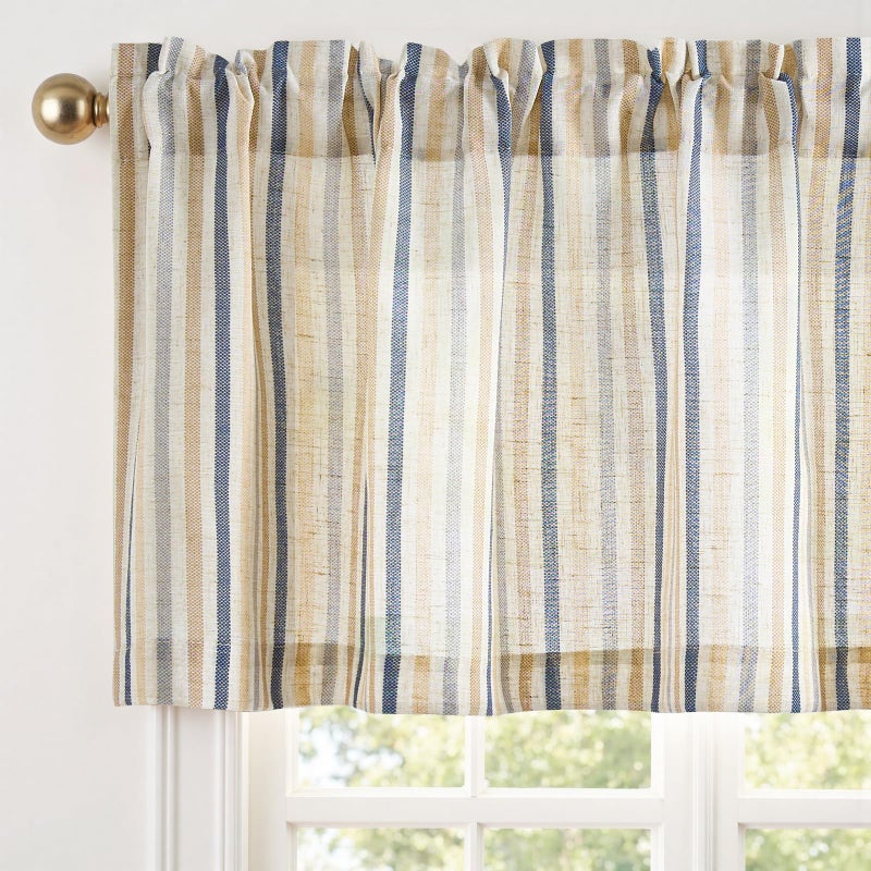 jinchan Valance Curtain Linen Textured Striped Window Curtain for Living Room Light Filtering Farmhouse Valance for Kitchen Rod Pocket 1 Panel 16 Inch Multi Blue on Linen 1 Panel - Image 2