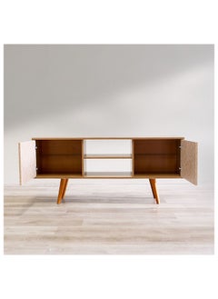 DANUBE HOME Neron TV Cabinet For Up To 55 Inches TV Entertainment Wall Unit Furniture Wooden TV Stand For Living Room Bedroom TV Rack L136xW33xH59.5 cm Almond/Rattan  - Image 5