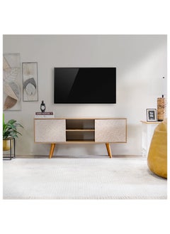 DANUBE HOME Neron TV Cabinet For Up To 55 Inches TV Entertainment Wall Unit Furniture Wooden TV Stand For Living Room Bedroom TV Rack L136xW33xH59.5 cm Almond/Rattan  - Image 1