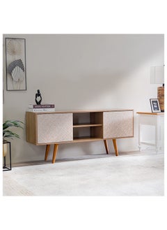 DANUBE HOME Neron TV Cabinet For Up To 55 Inches TV Entertainment Wall Unit Furniture Wooden TV Stand For Living Room Bedroom TV Rack L136xW33xH59.5 cm Almond/Rattan  - Image 3