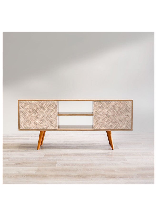 DANUBE HOME Neron TV Cabinet For Up To 55 Inches TV Entertainment Wall Unit Furniture Wooden TV Stand For Living Room Bedroom TV Rack L136xW33xH59.5 cm Almond/Rattan  - Image 4