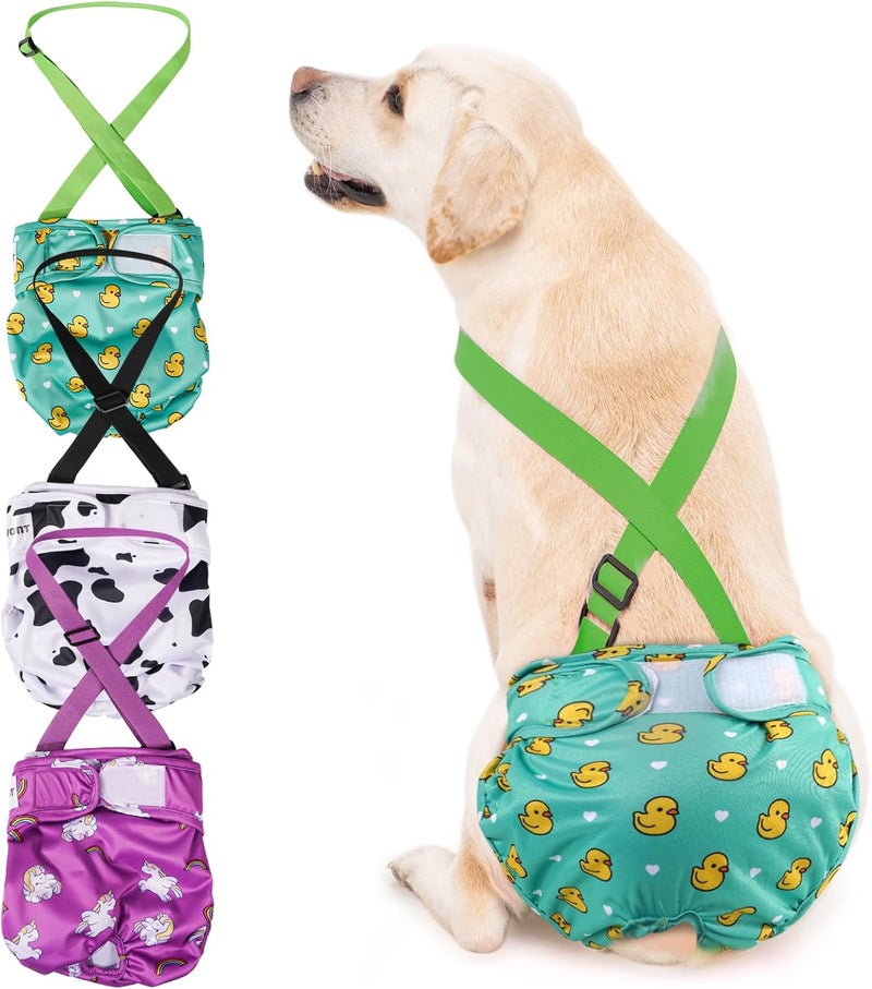 Avont 3 Pack Washable Female Dog Diaper with Suspender, Reusable Girl Doggie Diapers for Small Medium Large Doggy in Heat Cycle Period Incontinence -S Green/White/Purple - Image 1