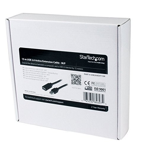 StarTech.com 15m USB 2.0 Active Extension Cable - M/F - 15 meter USB 2.0 Repeater Cable Cord - USB A Male to USB A Female - 15 m, Black, TAA (USB2AAEXT15M) - Image 2