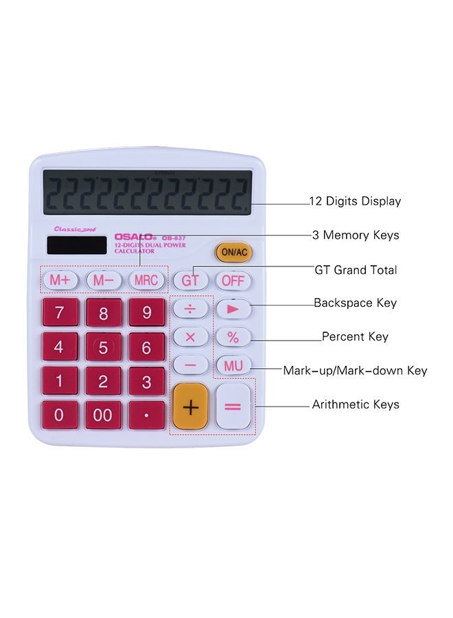 OSALO 12-Digit Dual Power Source Basic Calculator White/Red - Image 2