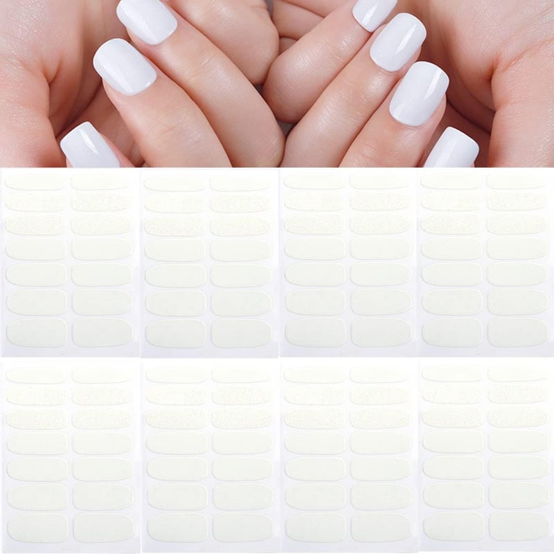 8 Sheets Glitter Solid White Nail Strips Nail Art Stickers, Solid Color Full Nail Wraps with 3 Pieces Nail File for Nails Christmas Decoration Party Supply for Women Girls Manicure