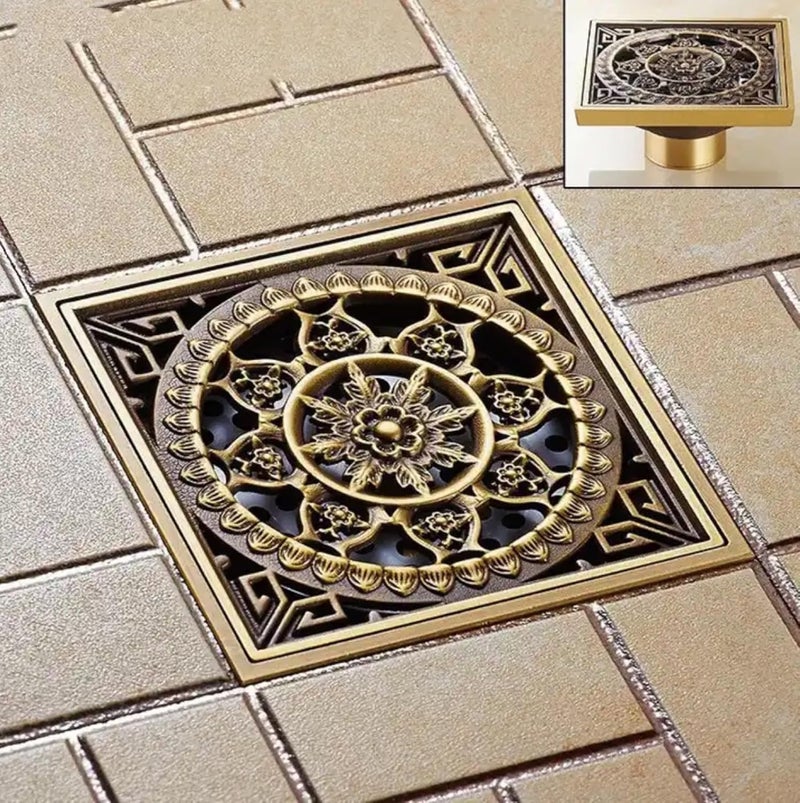 AQUAKART AQUAKART Antique Brown Designer Drain 4 x 4 Foot Design Antique Floor Drain Shower Channel Water Drainer for Bathroom with AntiFoul Cockroach Trap  - Image 1