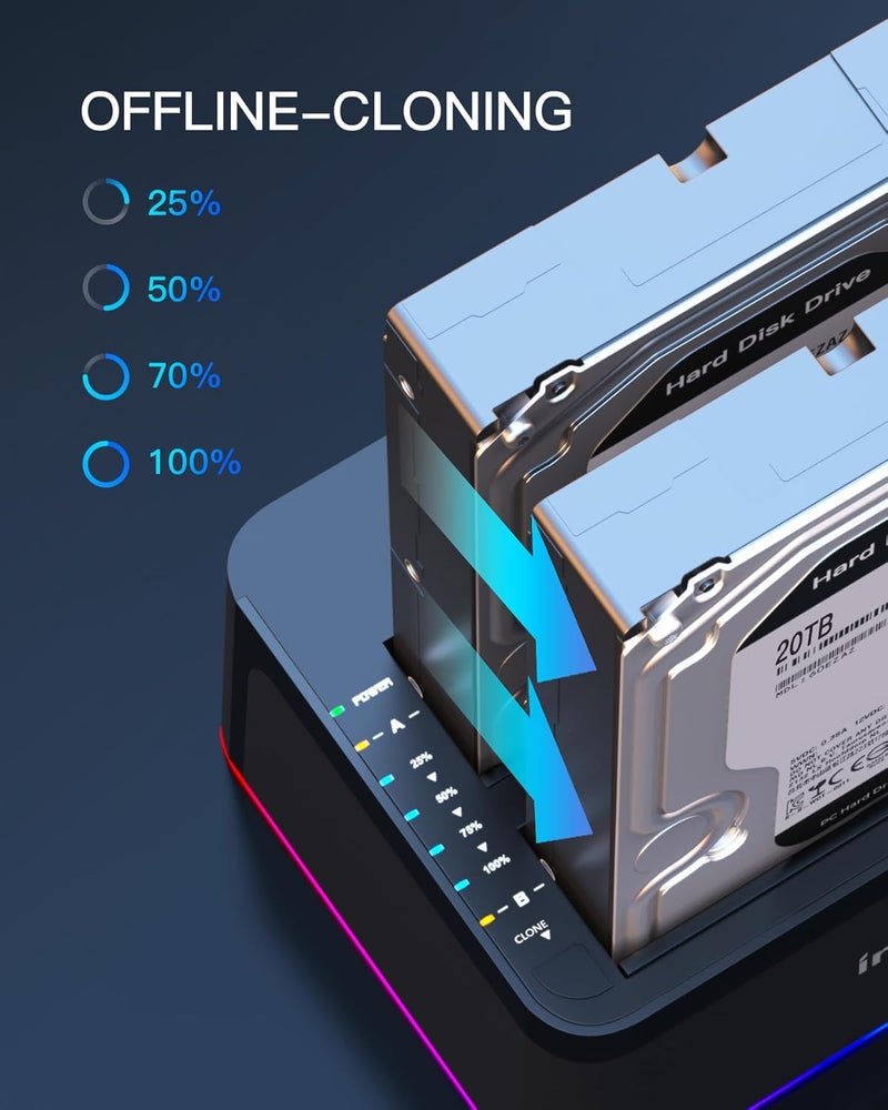 Inateck RGB USB 3.0 USB-C Port Hard Drive Docking Station with Offline Cloning, for 2.5/3.5 Inch SATA HDDs and SSDs, 2 x 20TB Dual Bay Docking Station, UASP Supported, SA02003C - Image 4
