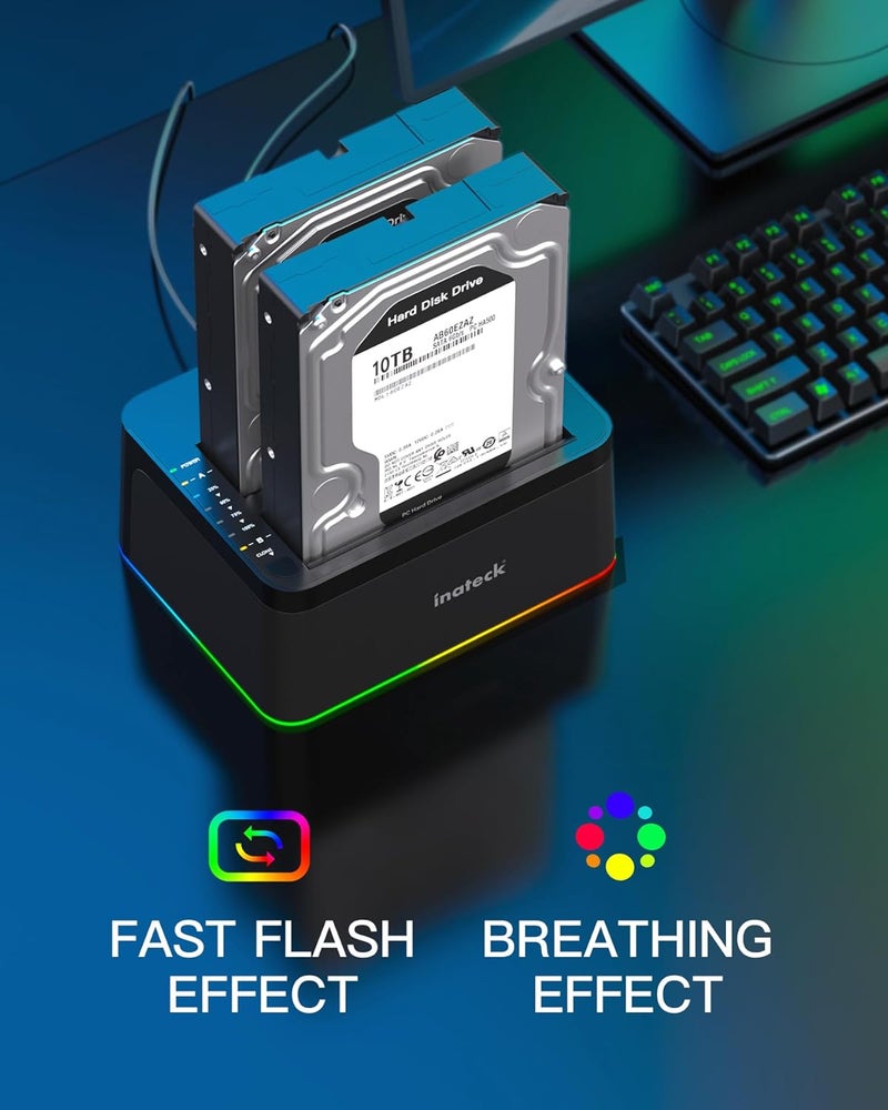 Inateck RGB USB 3.0 USB-C Port Hard Drive Docking Station with Offline Cloning, for 2.5/3.5 Inch SATA HDDs and SSDs, 2 x 20TB Dual Bay Docking Station, UASP Supported, SA02003C - Image 2