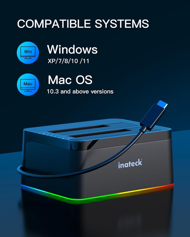 Inateck RGB USB 3.0 USB-C Port Hard Drive Docking Station with Offline Cloning, for 2.5/3.5 Inch SATA HDDs and SSDs, 2 x 20TB Dual Bay Docking Station, UASP Supported, SA02003C - Image 5