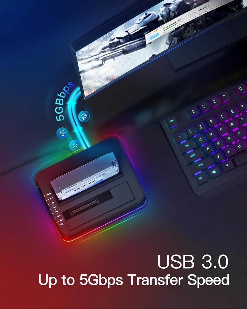 Inateck RGB USB 3.0 USB-C Port Hard Drive Docking Station with Offline Cloning, for 2.5/3.5 Inch SATA HDDs and SSDs, 2 x 20TB Dual Bay Docking Station, UASP Supported, SA02003C - Image 3