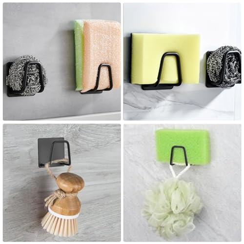 QILUCKY 4 Pcs Sponge Holder for Kitchen Sink,SUS304 Stainless Steel Scrubber Hanger Caddy,Adhesive Hanging, Suitable for Kitchen Brush, Dish Rag, Sponge, Gloves, Anti-Rust Coating(Black) - Image 3