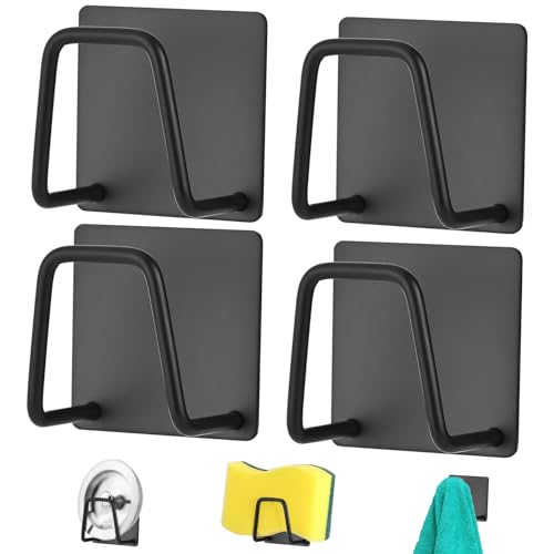 QILUCKY 4 Pcs Sponge Holder for Kitchen Sink,SUS304 Stainless Steel Scrubber Hanger Caddy,Adhesive Hanging, Suitable for Kitchen Brush, Dish Rag, Sponge, Gloves, Anti-Rust Coating(Black) - Image 1