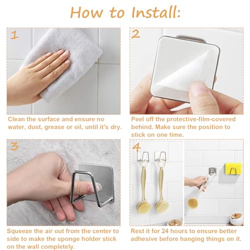 QILUCKY 4 Pcs Sponge Holder for Kitchen Sink,SUS304 Stainless Steel Scrubber Hanger Caddy,Adhesive Hanging, Suitable for Kitchen Brush, Dish Rag, Sponge, Gloves, Anti-Rust Coating(Black) - Image 4