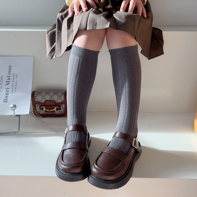 Children'S Socks Breathable Boys And Girls Korean Style Solid Color Thick Stripe Double Needle Baby Mid-Calf Cotton Socks Factory - Image 1