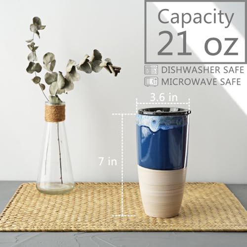 Bosmarlin Ceramic Travel Coffee Cup with Lid 21 oz Portable Coffee Mug for Car Cup Holder Microwave and Dishwasher Safe Reactive Glaze Deep Blue - Image 3