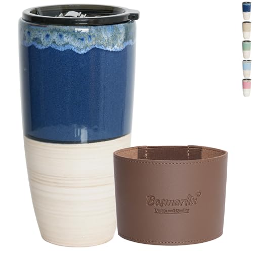 Bosmarlin Ceramic Travel Coffee Cup with Lid 21 oz Portable Coffee Mug for Car Cup Holder Microwave and Dishwasher Safe Reactive Glaze Deep Blue - Image 1