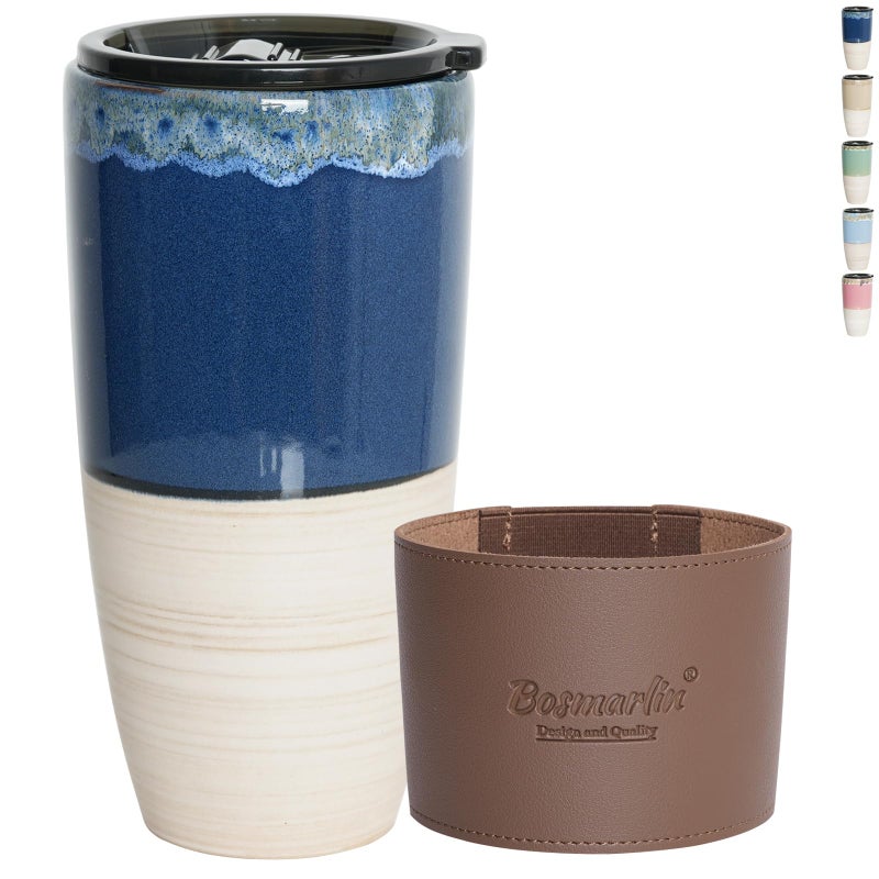 Bosmarlin Ceramic Travel Coffee Cup with Lid 21 oz Portable Coffee Mug for Car Cup Holder Microwave and Dishwasher Safe Reactive Glaze Deep Blue - Image 2