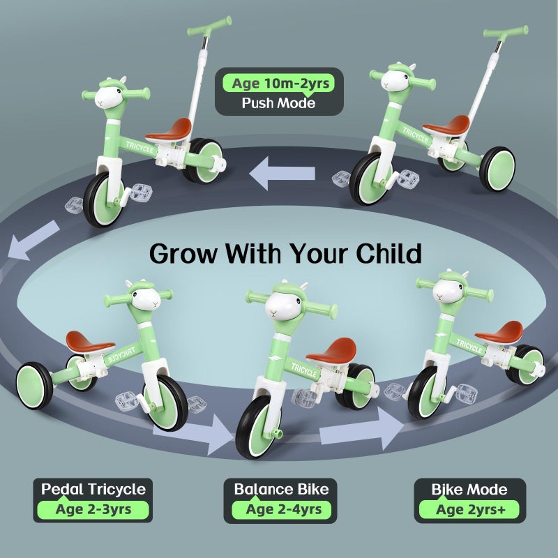 FZHZZ Tricycle for Toddlers 1-3 Year Olds, 5 in 1 Toddler Balance Bike 2-4 Years Old Boys Girls, Push Trike Toys with Adjustable Handle, Birthday Gifts for 2 3 4 5 Year Old Kids Bike (Light Green) - Image 2