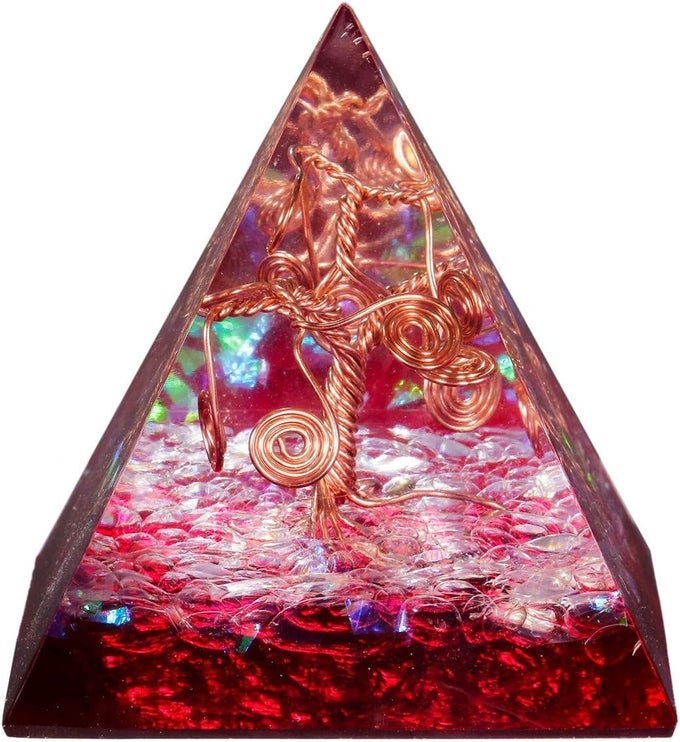 HANDMADE TREE OF LIFE ORGONE PYRAMID ENERGY GENERATOR, CHIP ROCK QUARTZ CHAKRA HEALING CRYSTAL POINT FOR PROTECTION MEDITATION YOGA 2" RED