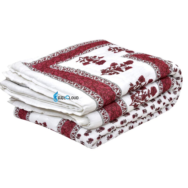 Woodsy Woodsy Jaipuri Razai Rajasthani Traditional Single Bed Reversible Pink Flower Printed Pure Cotton Soft Light Weight Winter and Summer Rajai Ac Quilt RazaiRajaiQuiltBlanketDoharBlanket Twin Size  - Image 2
