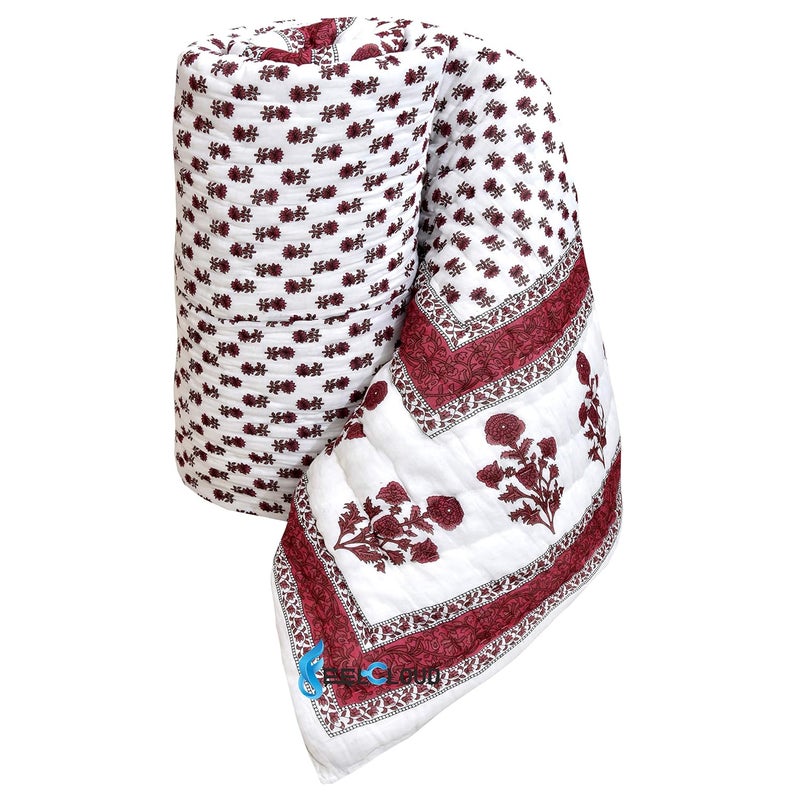 Woodsy Woodsy Jaipuri Razai Rajasthani Traditional Single Bed Reversible Pink Flower Printed Pure Cotton Soft Light Weight Winter and Summer Rajai Ac Quilt RazaiRajaiQuiltBlanketDoharBlanket Twin Size  - Image 1