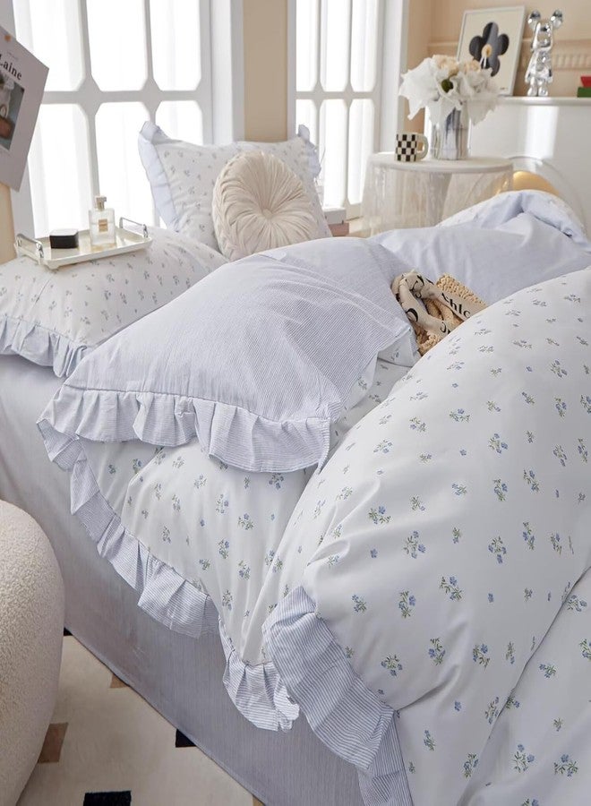 AMZTOP Blue Duvet Cover Twin XL Aesthetic Floral with Ruffle 100% Cotton, Teen Girls Flower Comforter Cover with Zipper Closure, 3 Pcs Romantic Aesthetic Bedding Sets 68"x90" - Image 3