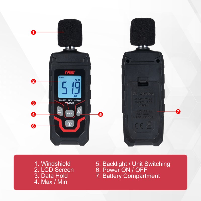 TASI Sound Level Meter: 30dB To 130dB Range ±1.5dB Accuracy - Audible & Visual Alarms Max/Min Measurement Digital LCD Display Sound Decibel Meter for Ambient Noise Monitoring - Image 3
