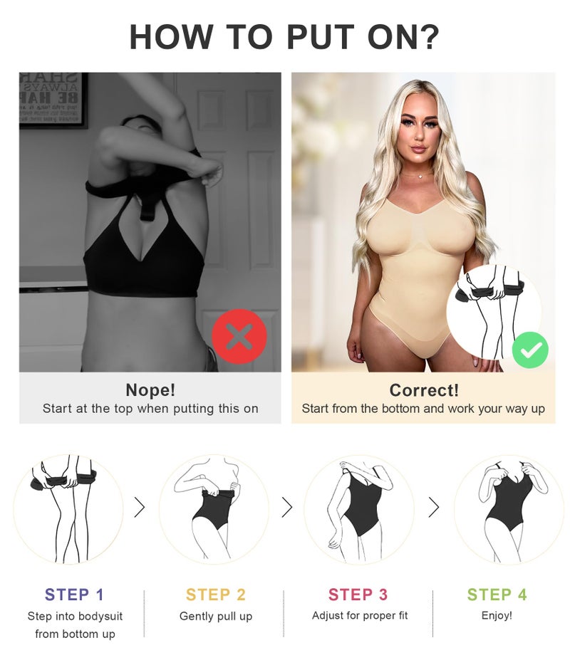 SHAPERX Women's Shapewear Bodysuit Tummy Control Body Shaper Seamless Sculpting Snatched Waist Body Suit，SZ5213-Beige-L/XL - Image 5