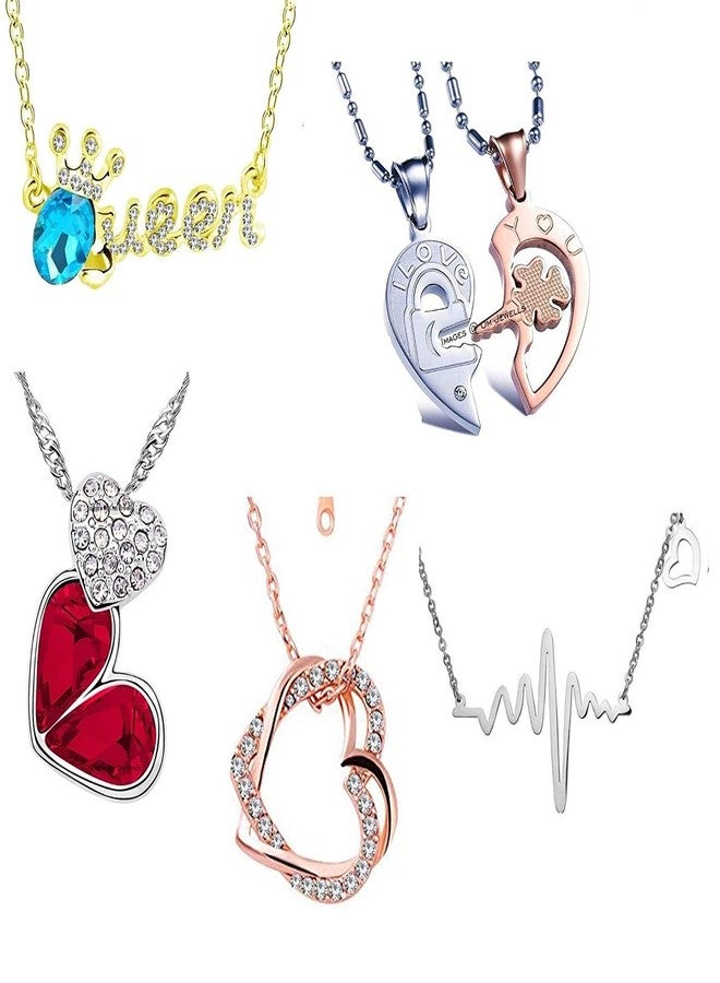 Okos Valentine Special Imitation Mix Plating Jewellery Combo Of 5 Stylish Designer Pendant Necklace Embellished With Multicolor Crystal Elements CO1000358 - Image 1