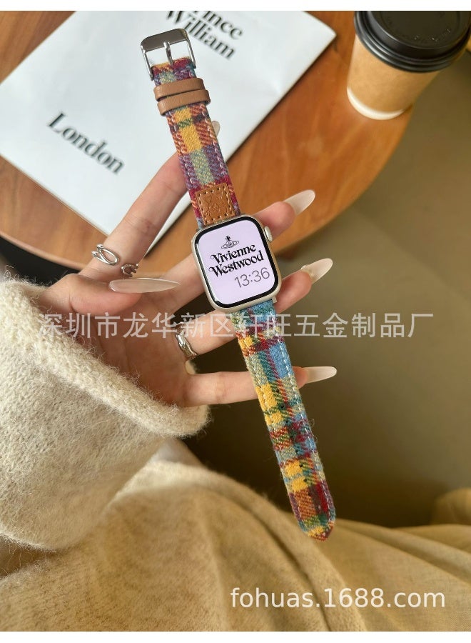 NIBEMINENT Apple Watch S10 Wool Checkered Leather Band for Autumn and Winter - Colorful Design  - Image 2