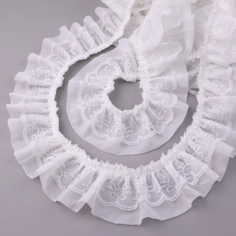 GXTIZAS White Lace Ruffle Ribbon Double-Layer Pleated Chiffon 6cm Wide Lace Elastic Trim Wrinkle-Free Boxed for DIY Sewing, Clothing, Pillowcase Decoration(5yards) - Image 1