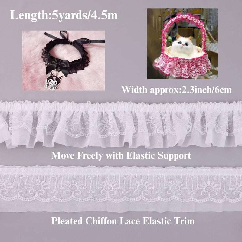 GXTIZAS White Lace Ruffle Ribbon Double-Layer Pleated Chiffon 6cm Wide Lace Elastic Trim Wrinkle-Free Boxed for DIY Sewing, Clothing, Pillowcase Decoration(5yards) - Image 2