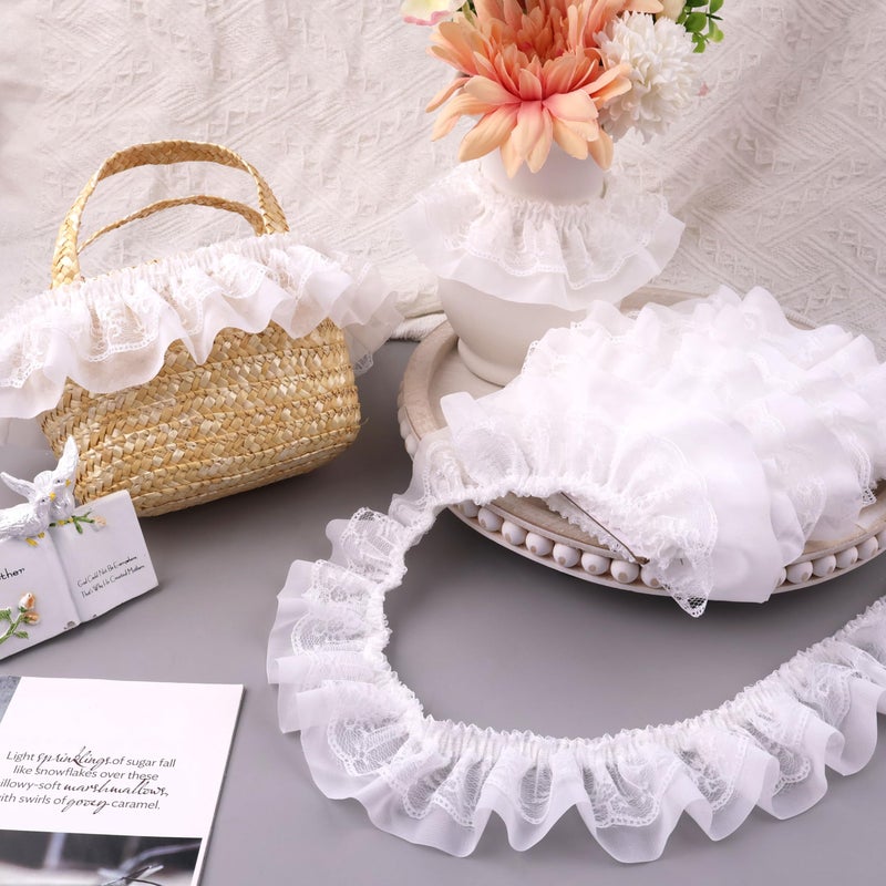 GXTIZAS White Lace Ruffle Ribbon Double-Layer Pleated Chiffon 6cm Wide Lace Elastic Trim Wrinkle-Free Boxed for DIY Sewing, Clothing, Pillowcase Decoration(5yards) - Image 4