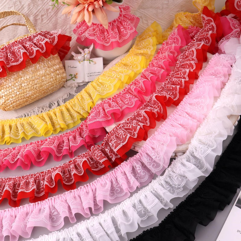 GXTIZAS White Lace Ruffle Ribbon Double-Layer Pleated Chiffon 6cm Wide Lace Elastic Trim Wrinkle-Free Boxed for DIY Sewing, Clothing, Pillowcase Decoration(5yards) - Image 5