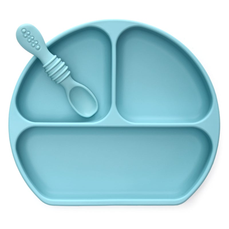 PrimaStella Unbreakable Silicone Non-Slip Baby & Toddler Plate and Spoon Feeding Set - Pacific Blue - Image 1