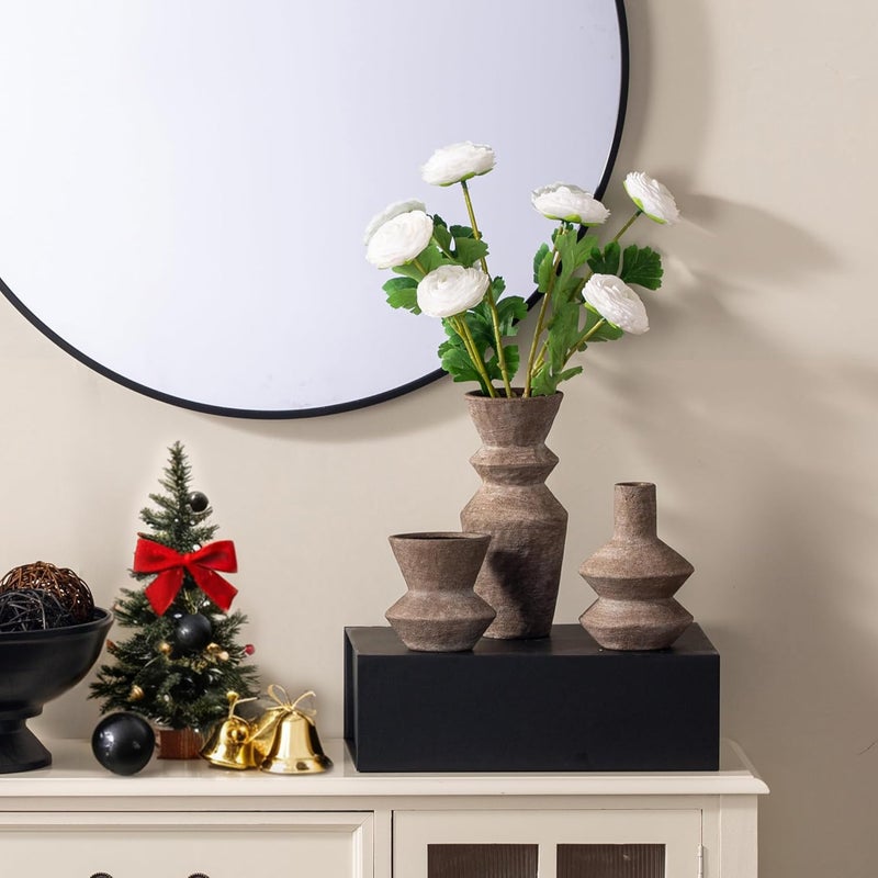 Vanselia Ceramic Vase Home Table Decor - Brown Flower Vase Set of 3 Living Room Kitchen Decorations Farmhouse Modern Rustic Vases Decorative Centerpiece for Shelf Bedroom Office Bathroom Dining Coffee Desk - Image 3