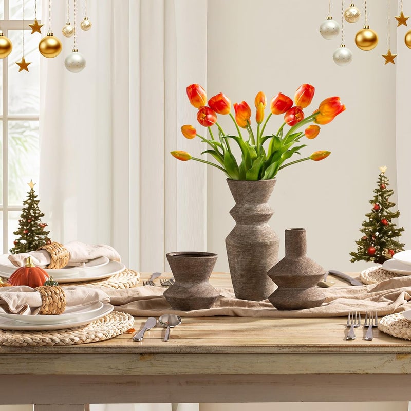 Vanselia Ceramic Vase Home Table Decor - Brown Flower Vase Set of 3 Living Room Kitchen Decorations Farmhouse Modern Rustic Vases Decorative Centerpiece for Shelf Bedroom Office Bathroom Dining Coffee Desk - Image 4