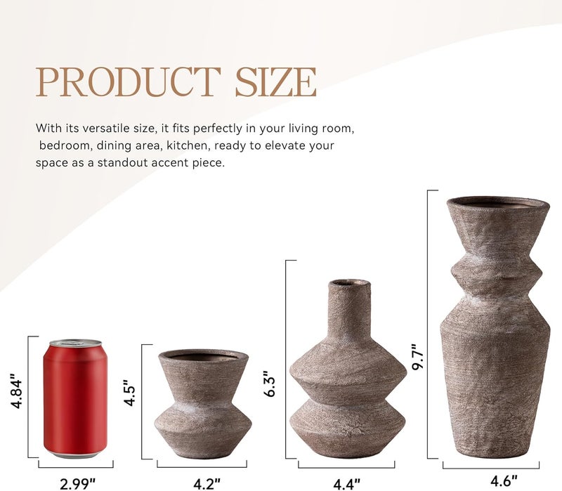Vanselia Ceramic Vase Home Table Decor - Brown Flower Vase Set of 3 Living Room Kitchen Decorations Farmhouse Modern Rustic Vases Decorative Centerpiece for Shelf Bedroom Office Bathroom Dining Coffee Desk - Image 2