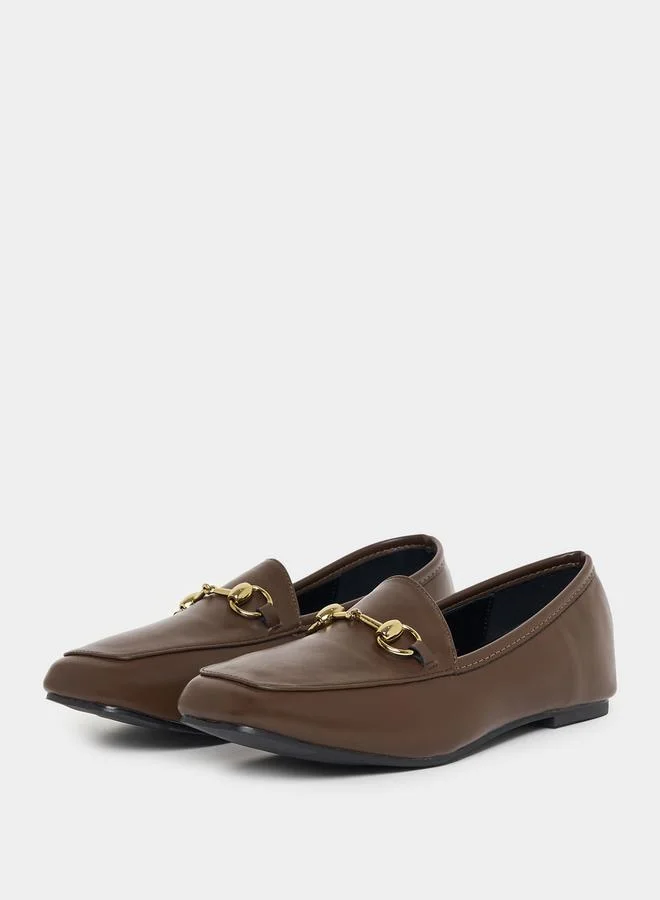 Styli Leather Look Loafers with Buckle Accent