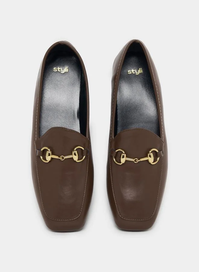 Styli Leather Look Loafers with Buckle Accent