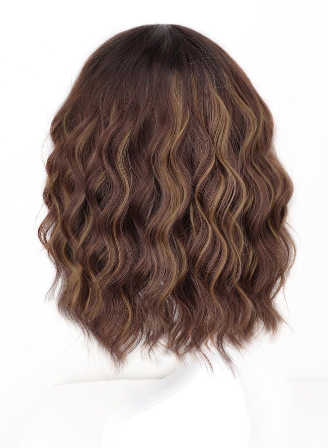 AISI HAIR Curly Bob Wig with Bangs Short Wavy Chestnut Mixed Dark Brown Color Wigs for Women Bob Style Synthetic Heat Resistant Bob Wigs - Image 4