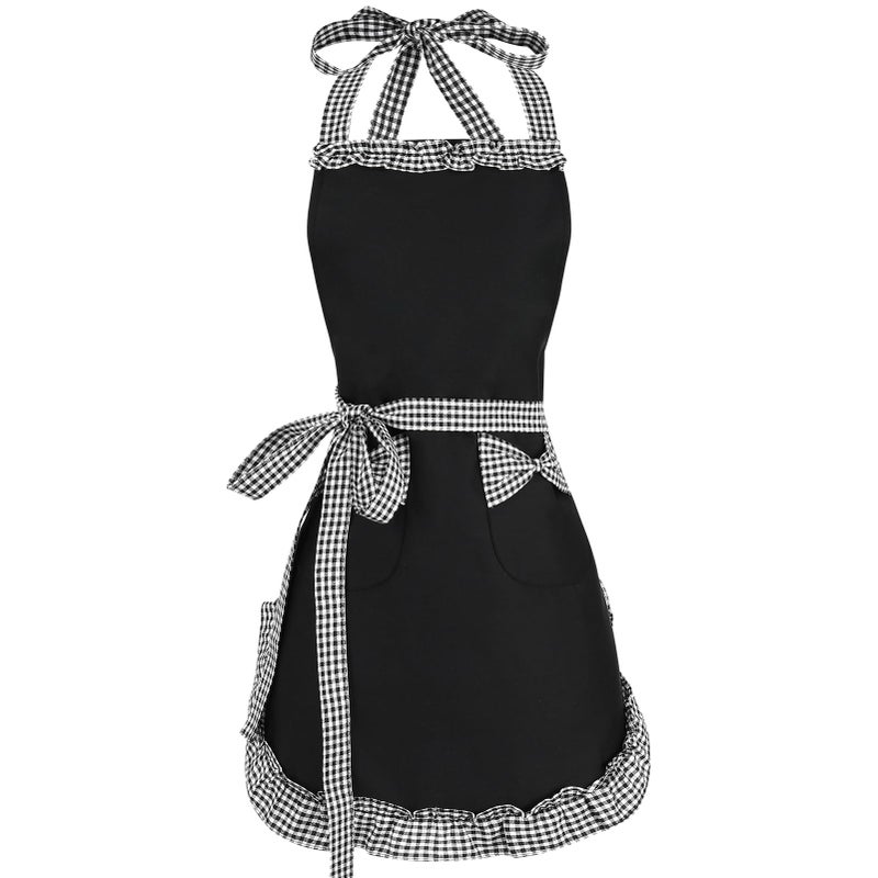 XLSXEXCL Cute Apron for Women, Adjustable Vintage Cooking Apron with Pockets Lovely Sweet Bowknot Apron Retro Ruffle Side Women's Cake Baking Apron Mothers Day Gift for Mom Wife Sister Grandma (Black) - Image 1