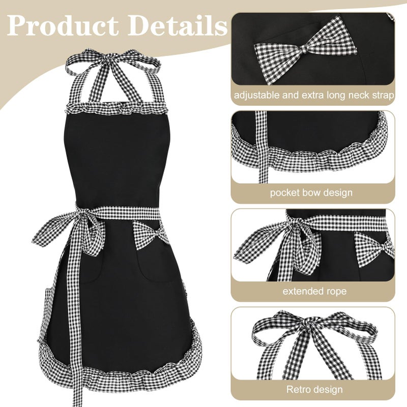 XLSXEXCL Cute Apron for Women, Adjustable Vintage Cooking Apron with Pockets Lovely Sweet Bowknot Apron Retro Ruffle Side Women's Cake Baking Apron Mothers Day Gift for Mom Wife Sister Grandma (Black) - Image 3
