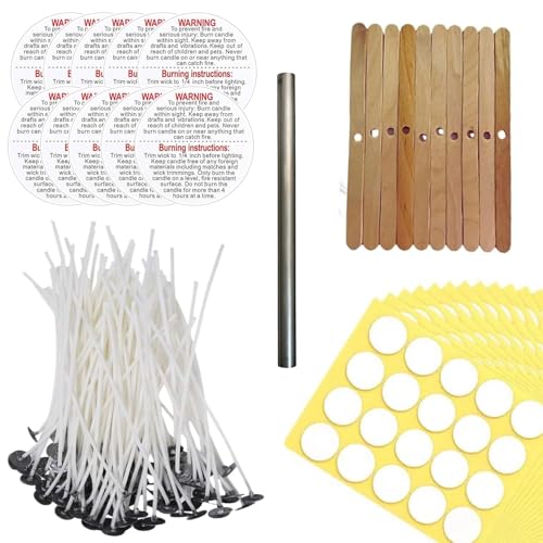 R Wellness Candle Making Kit – 50 Cotton Wicks (4 Inch), 50 Wick Stickers, 10 Wooden Wick Holders & 10 Warning Stickers | DIY Candle Making Supplies Set - Image 1