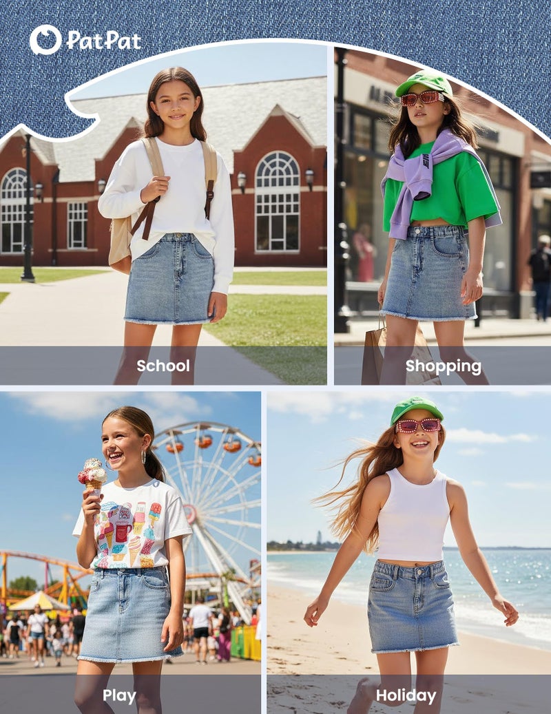 PATPAT Denim Skirt for Girls 5-14 Years, A-Line Mid Waist Mini Jean Skirt with Elastic Waistband & Frayed Hem - Image 2
