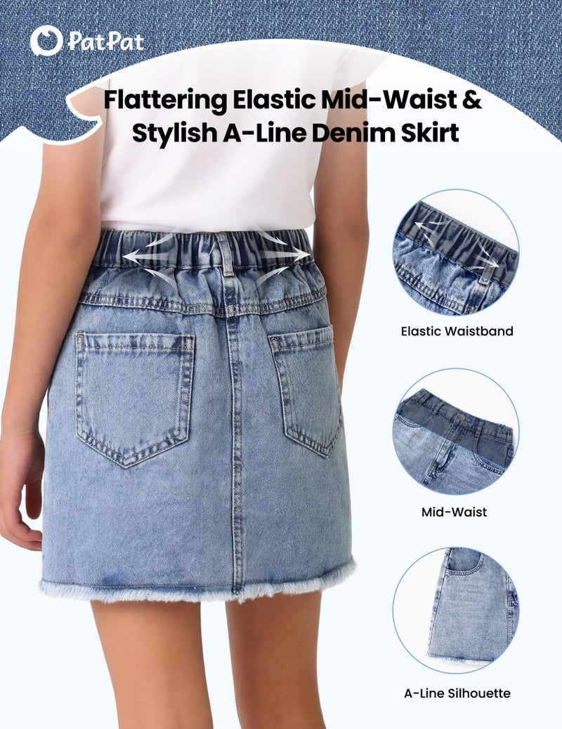 PATPAT Denim Skirt for Girls 5-14 Years, A-Line Mid Waist Mini Jean Skirt with Elastic Waistband & Frayed Hem - Image 3